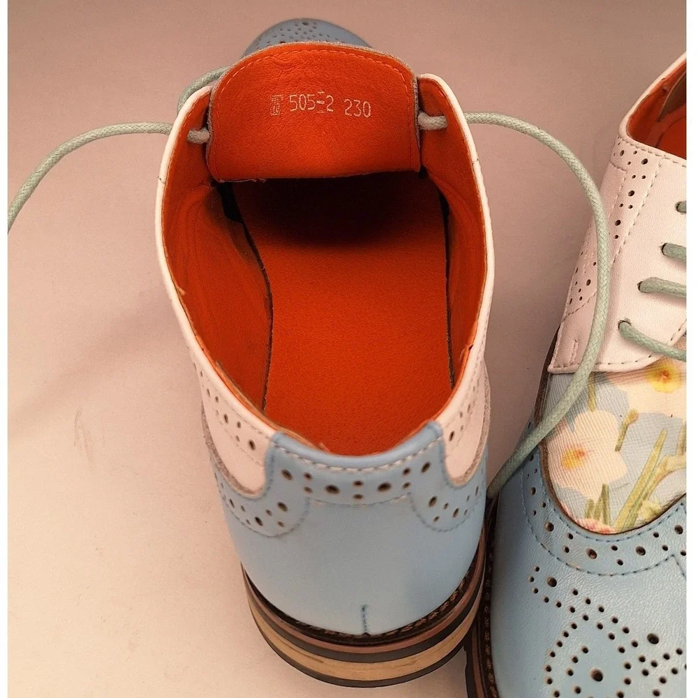 Floral Wingtip Oxford Shoes Pastel Blue White Leather Brogue Lace Up Size 36